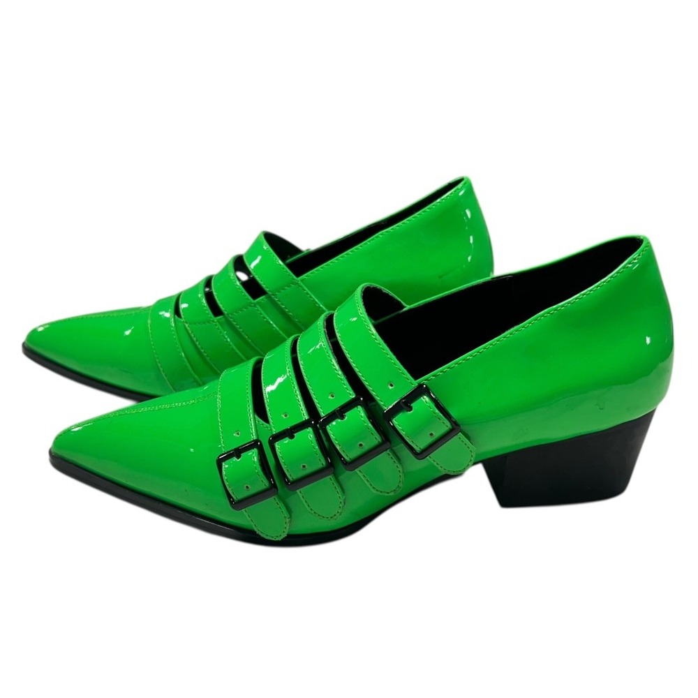 Green Patent Buckle Low Heel Shoes for Women